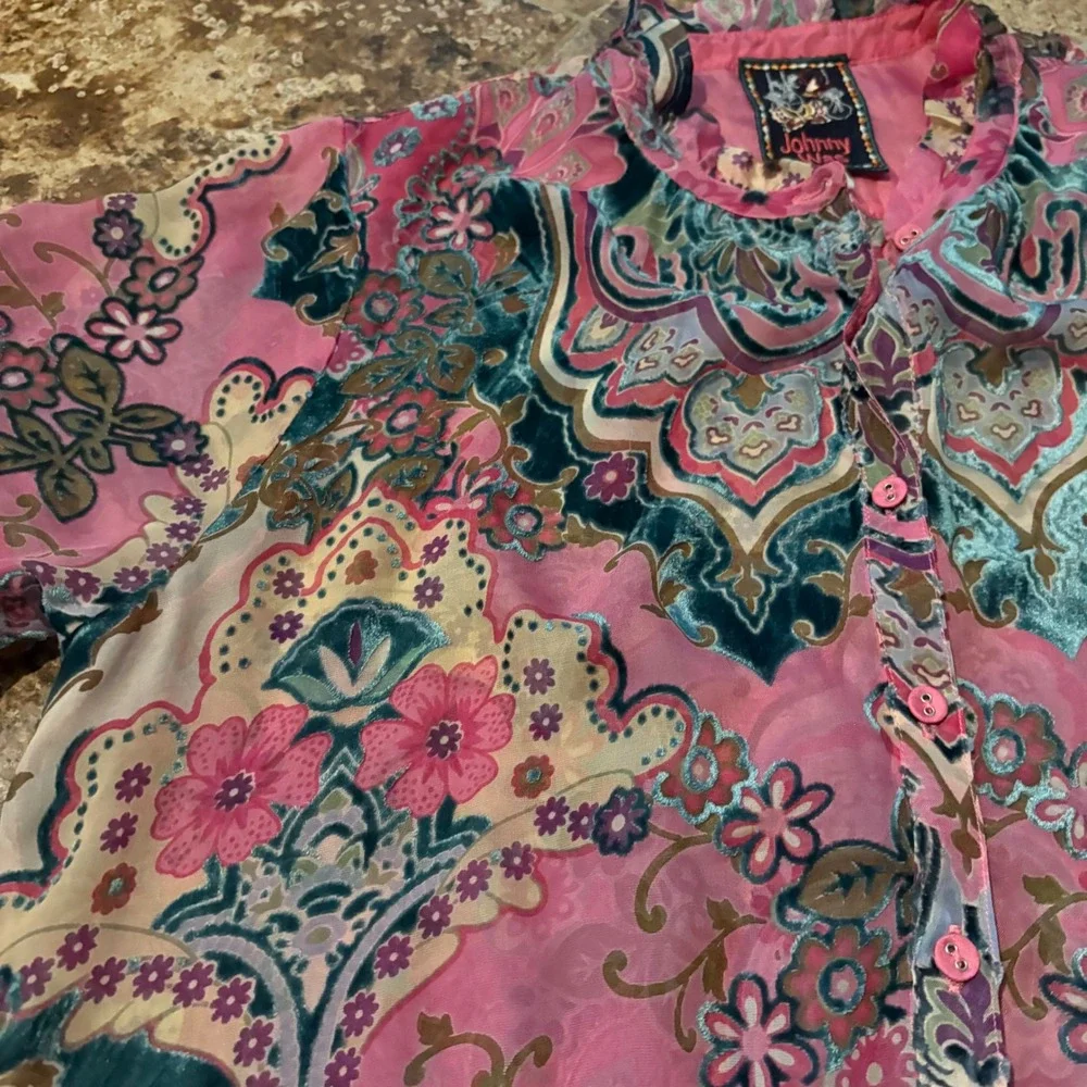 JOHNNY WAS Zoli Tape Hem Burnout Tunic silk-blend Button Down Size XS‎